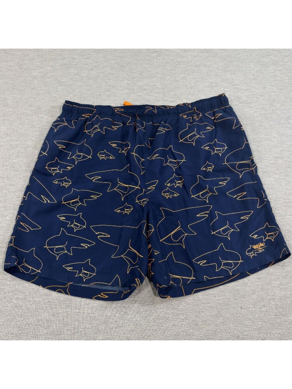 Shark Print Swim Trunks Mossimo Mens Size L Navy Blue Orange Pockets Drawstring
